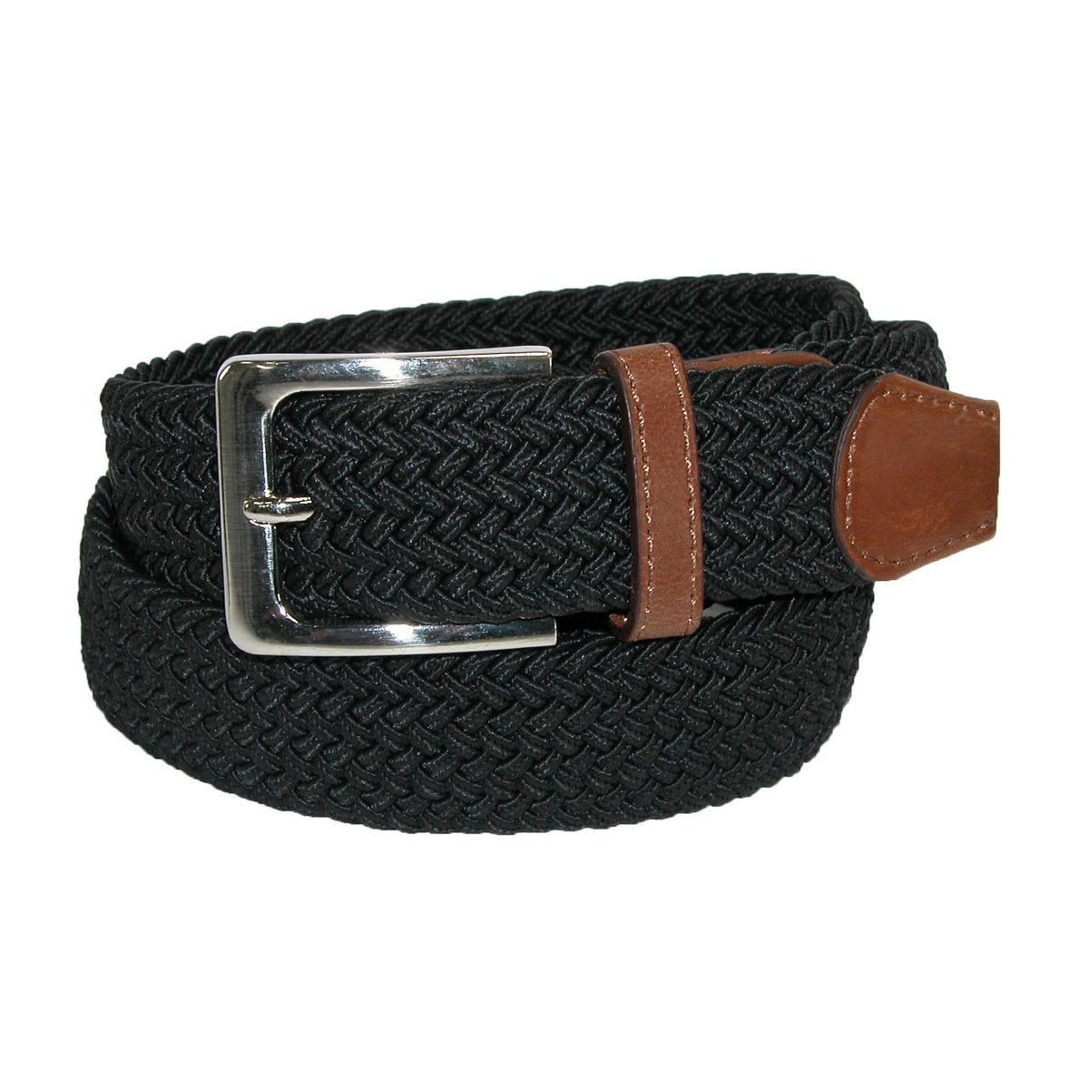 CTM® Men's Elastic Braided Stretch Belt with Silver Buckle and Tan Tabs - Men's Elastic Braided Stretch Belt with Silver Buckle and Tan Tabs