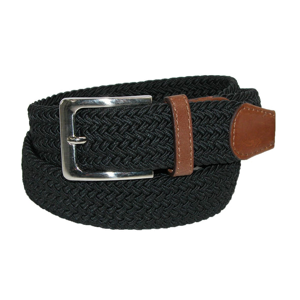 Men's Elastic Braided Stretch Belt with Silver Buckle and Tan Tabs