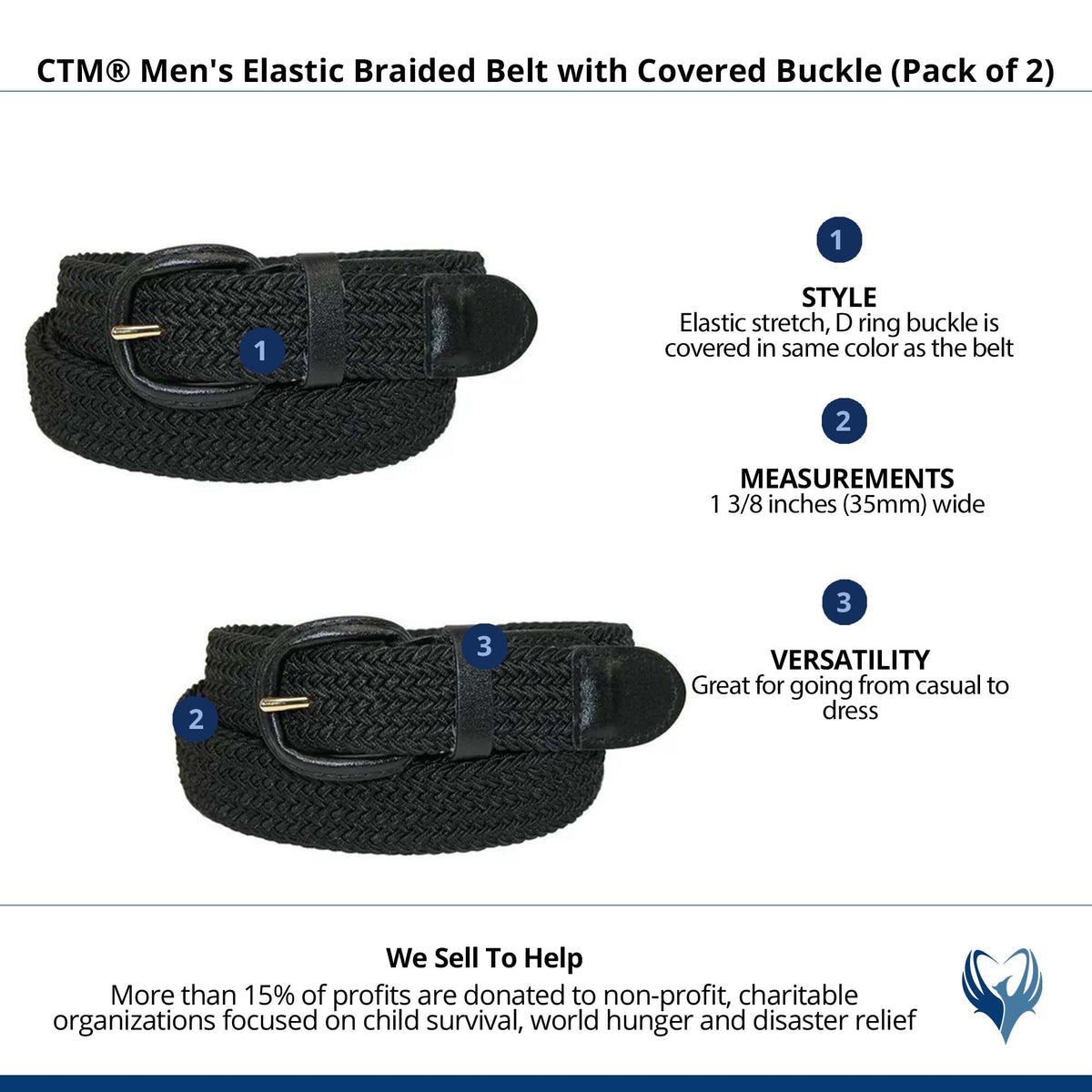 CTM® Men's Elastic Braided Belt with Covered Buckle (Pack of 2) - Black