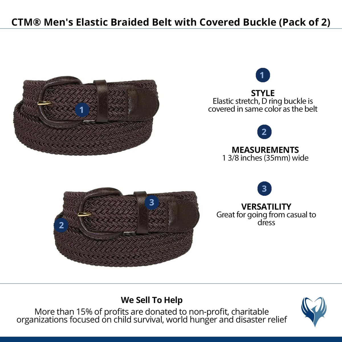 CTM® Men's Elastic Braided Belt with Covered Buckle (Pack of 2) - Brown