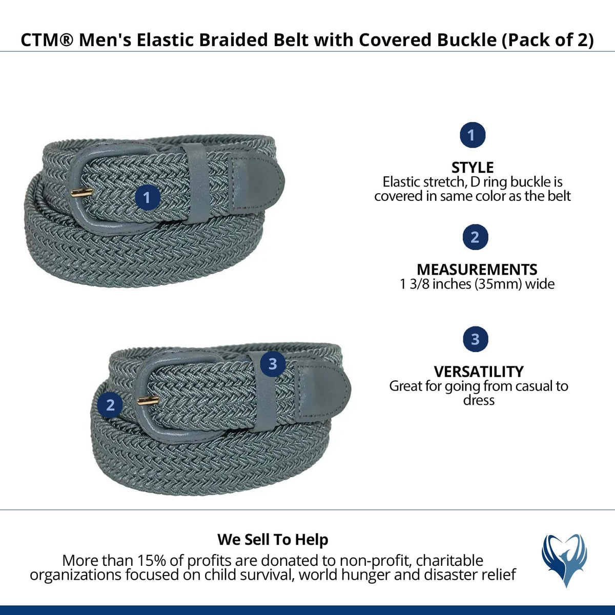 CTM® Men's Elastic Braided Belt with Covered Buckle (Pack of 2) - Grey
