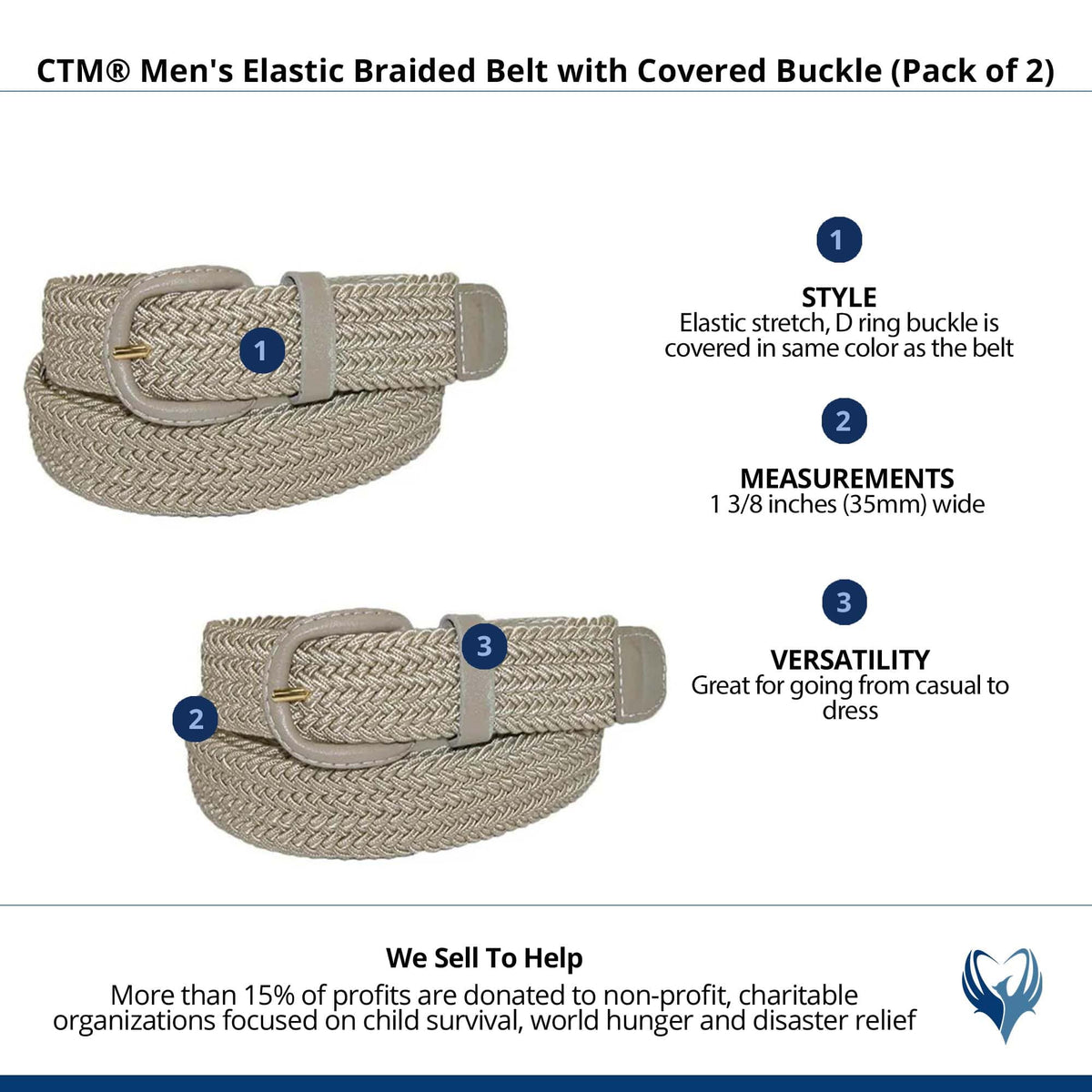 CTM® Men's Elastic Braided Belt with Covered Buckle (Pack of 2) - Khaki