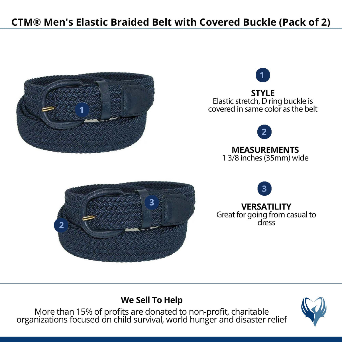 CTM® Men's Elastic Braided Belt with Covered Buckle (Pack of 2) - Navy