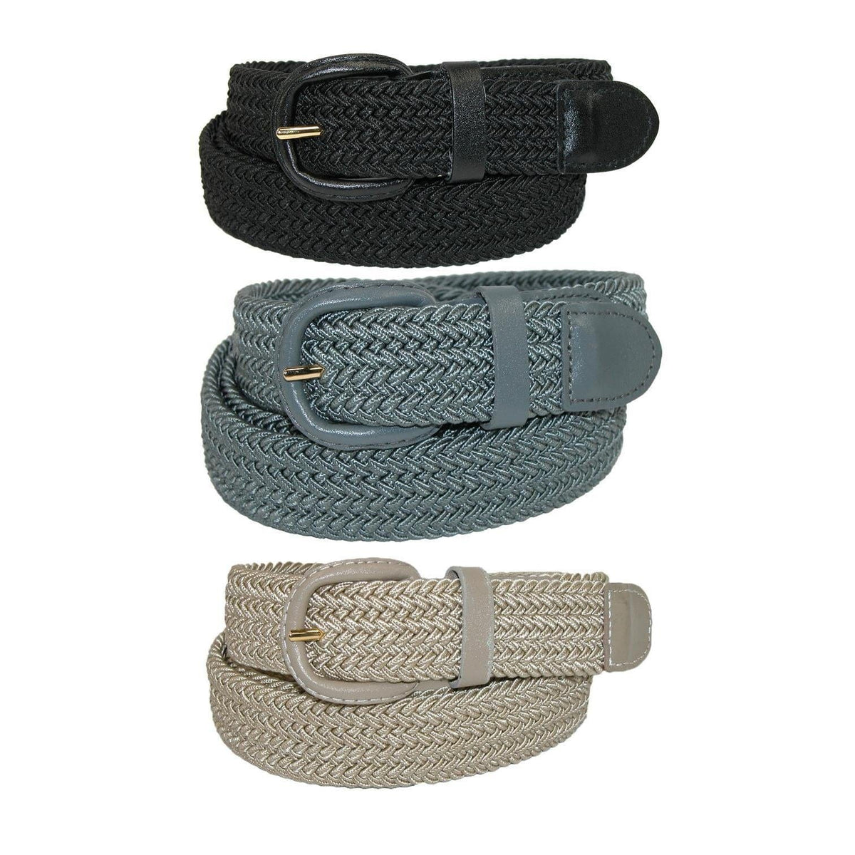 CTM® Men's Elastic Braided Stretch Belt (Pack of 3 Colors) - Black Grey Khaki