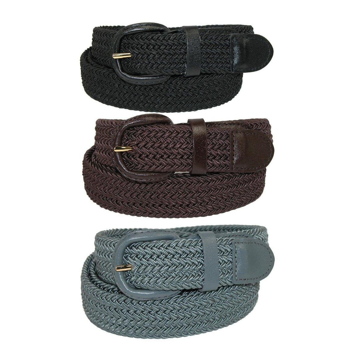 CTM® Men's Elastic Braided Stretch Belt (Pack of 3 Colors) - Black Brown Grey