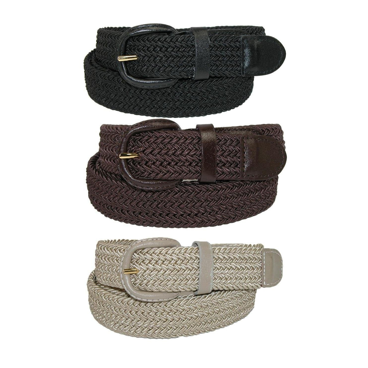CTM® Men's Elastic Braided Stretch Belt (Pack of 3 Colors) - Black Brown Khaki