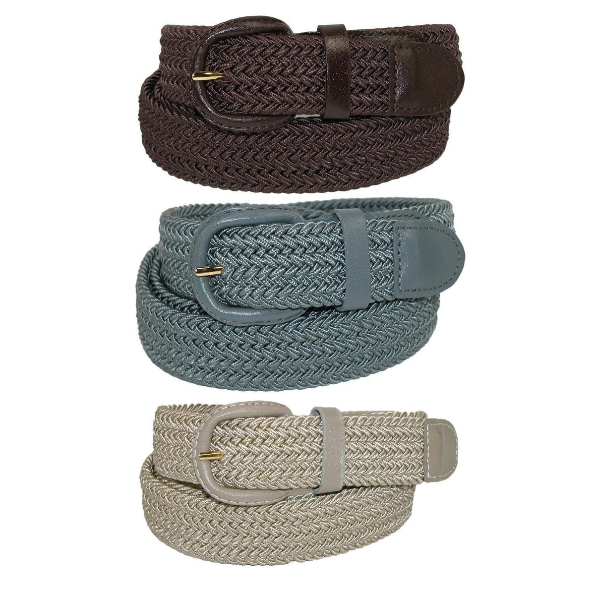 CTM® Men's Elastic Braided Stretch Belt (Pack of 3 Colors) - Brown Grey Khaki