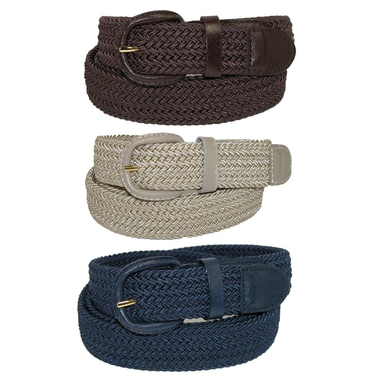 CTM® Men's Elastic Braided Stretch Belt (Pack of 3 Colors) - Brown Khaki Navy