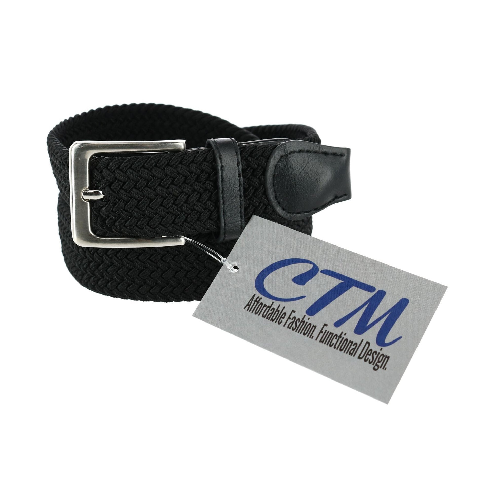 CTM® Men's Braided Stretch Belt Silver Buckle Adjustable Elastic - Black
