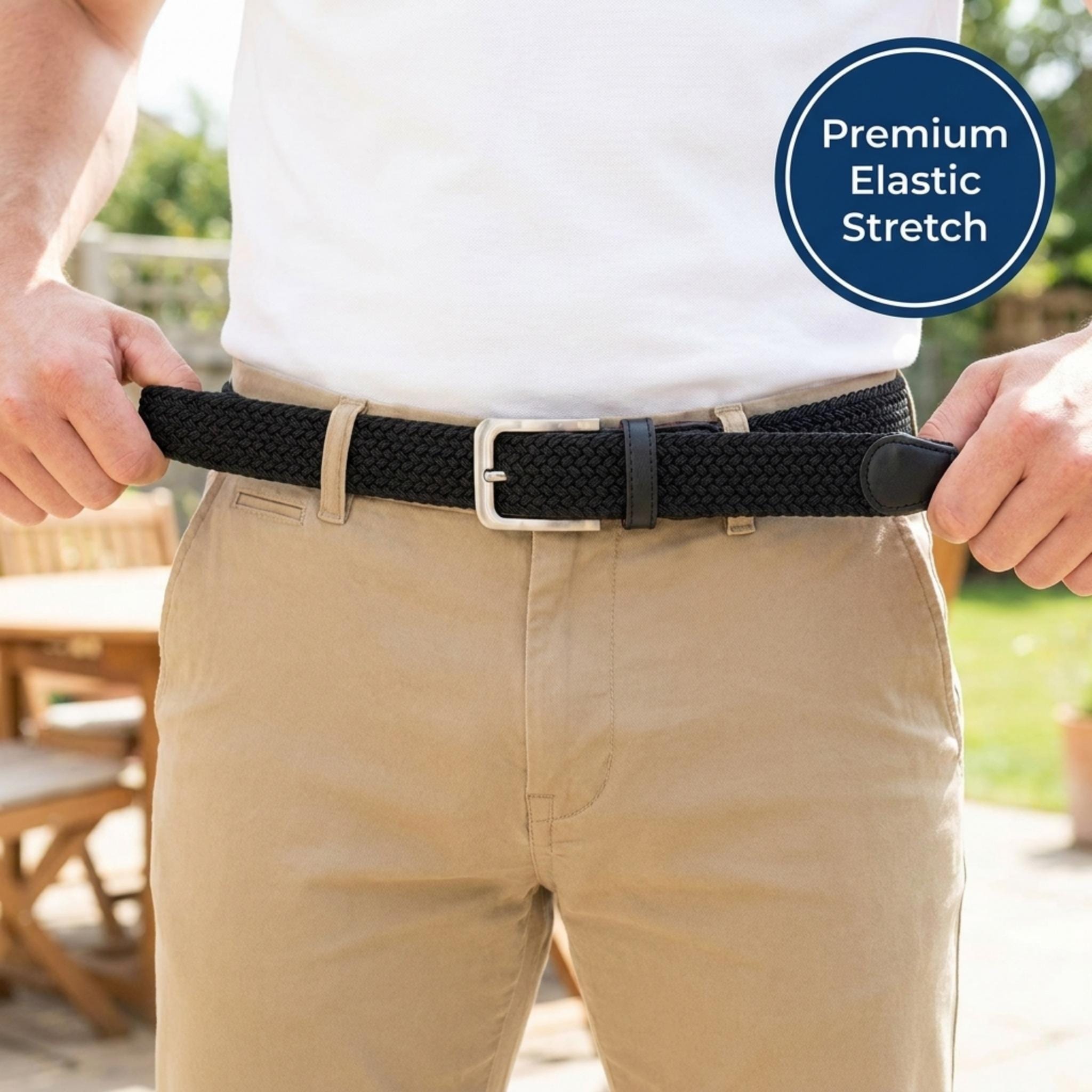 CTM® Men's Braided Stretch Belt Silver Buckle Adjustable Elastic - Black