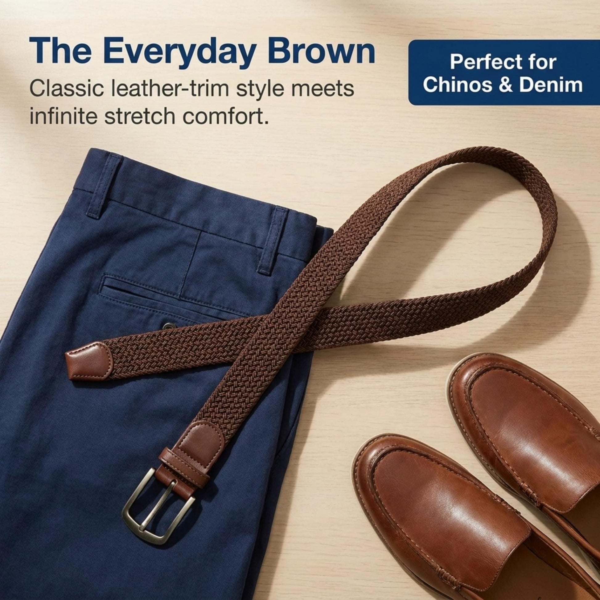 CTM® Men's Braided Stretch Belt Silver Buckle Adjustable Elastic - Brown