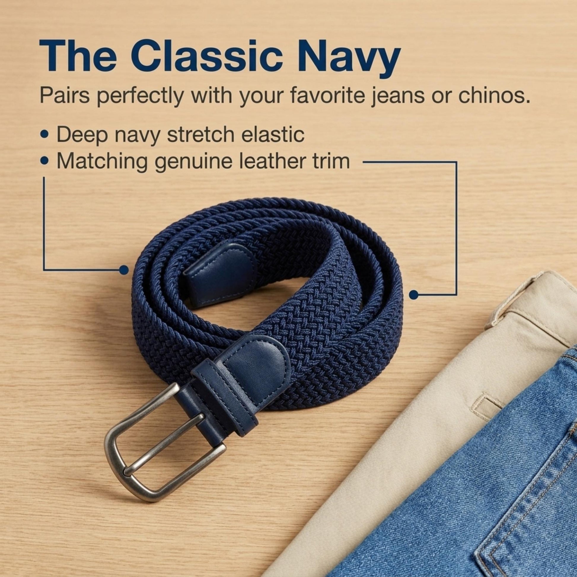 CTM® Men's Braided Stretch Belt Silver Buckle Adjustable Elastic - Navy
