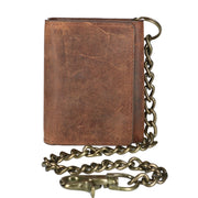 Men's Crazy Horse Leather RFID Trifold Chain Wallet