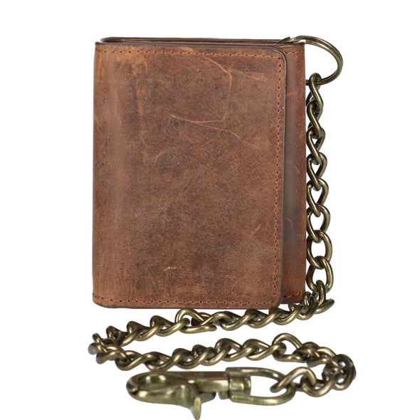 Men's Crazy Horse Leather RFID Trifold Chain Wallet