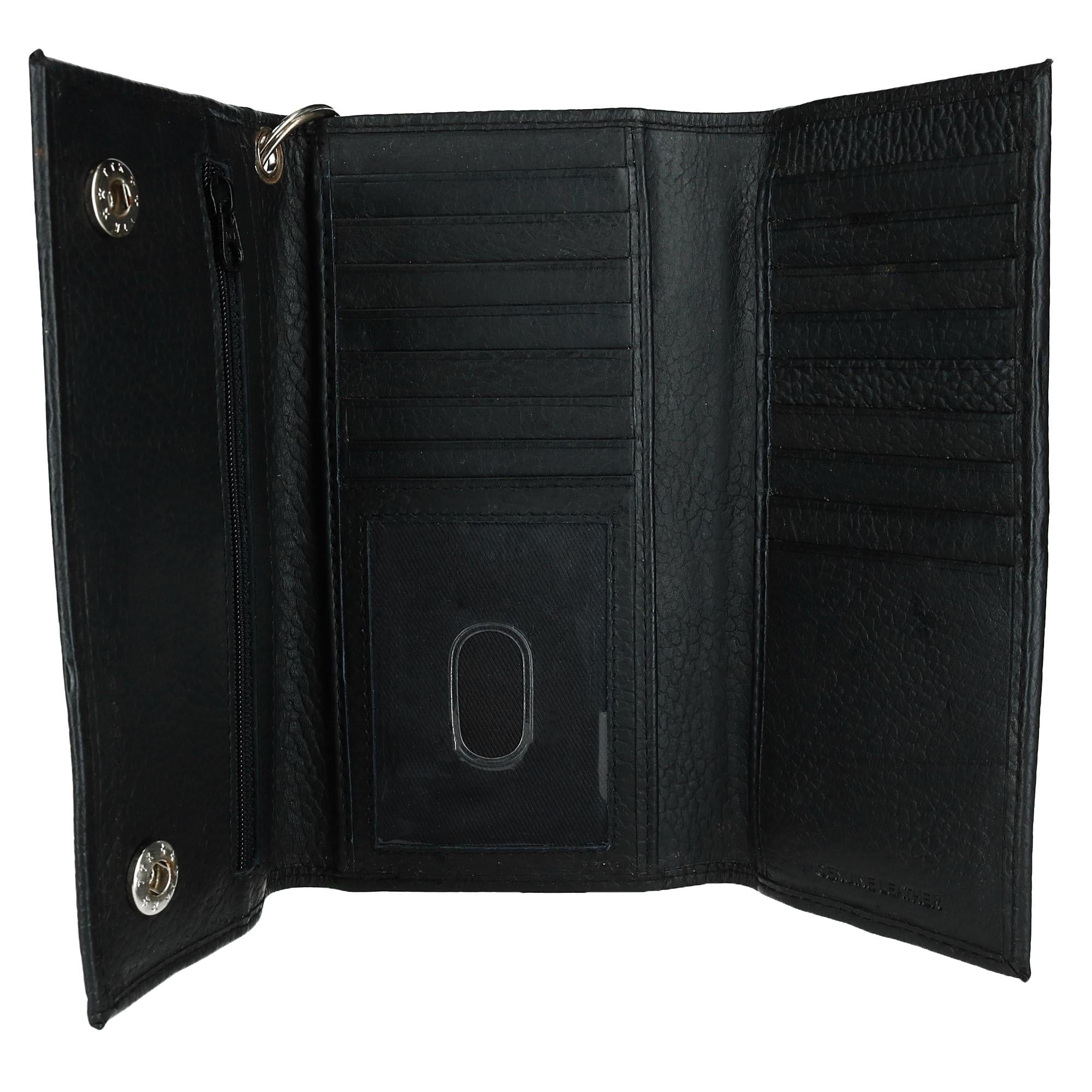 CTM® Men's Pebble Grain Leather RFID Long Trifold Trucker Chain Wallet - Black