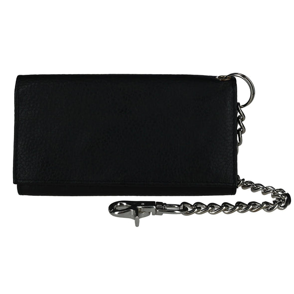 Men's Pebble Grain Leather RFID Long Trifold Trucker Chain Wallet