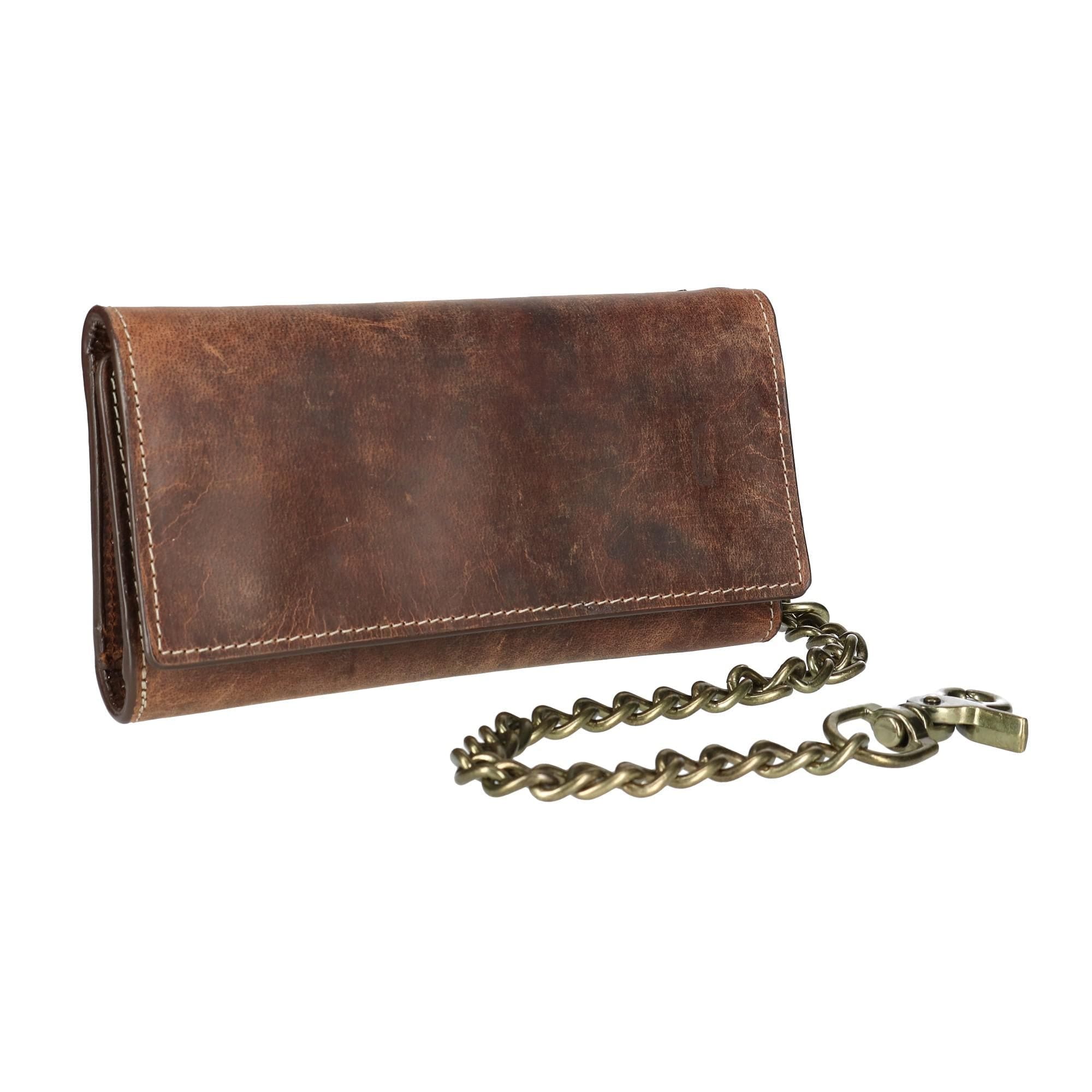CTM® Men's Crazy Horse Leather RFID Long Trifold Chain Wallet - Brown