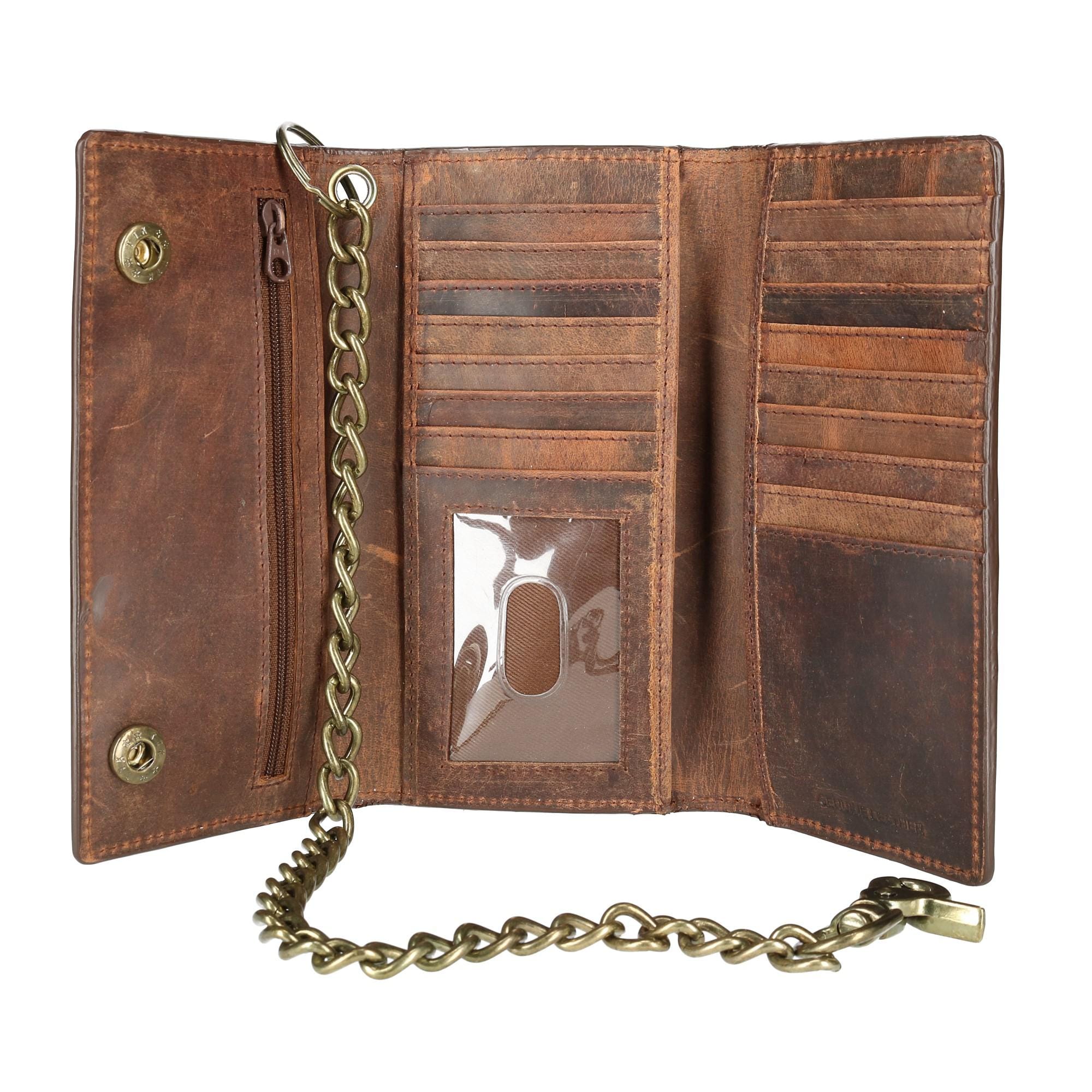 CTM® Men's Crazy Horse Leather RFID Long Trifold Chain Wallet - Brown