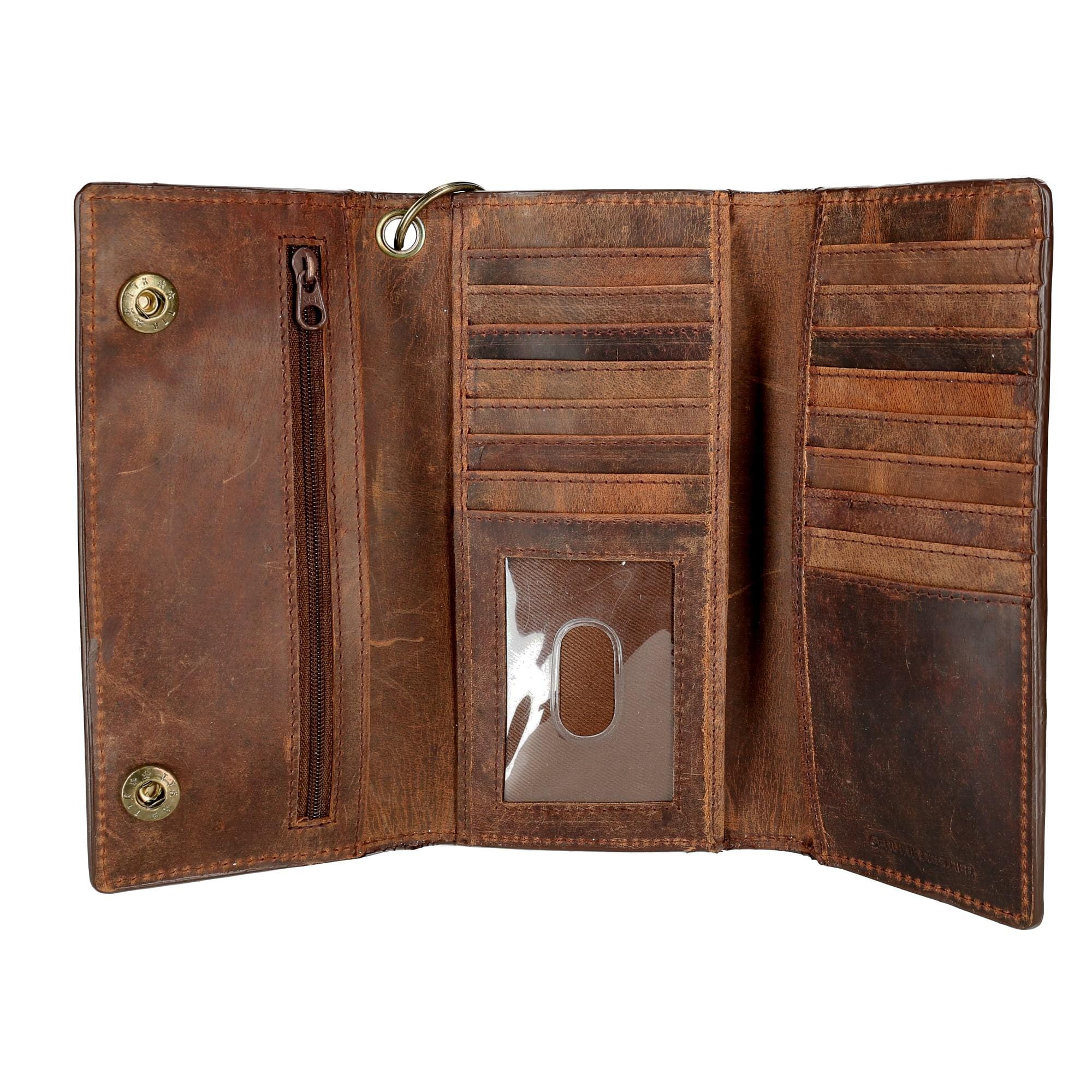 CTM® Men's Crazy Horse Leather RFID Long Trifold Chain Wallet - Brown