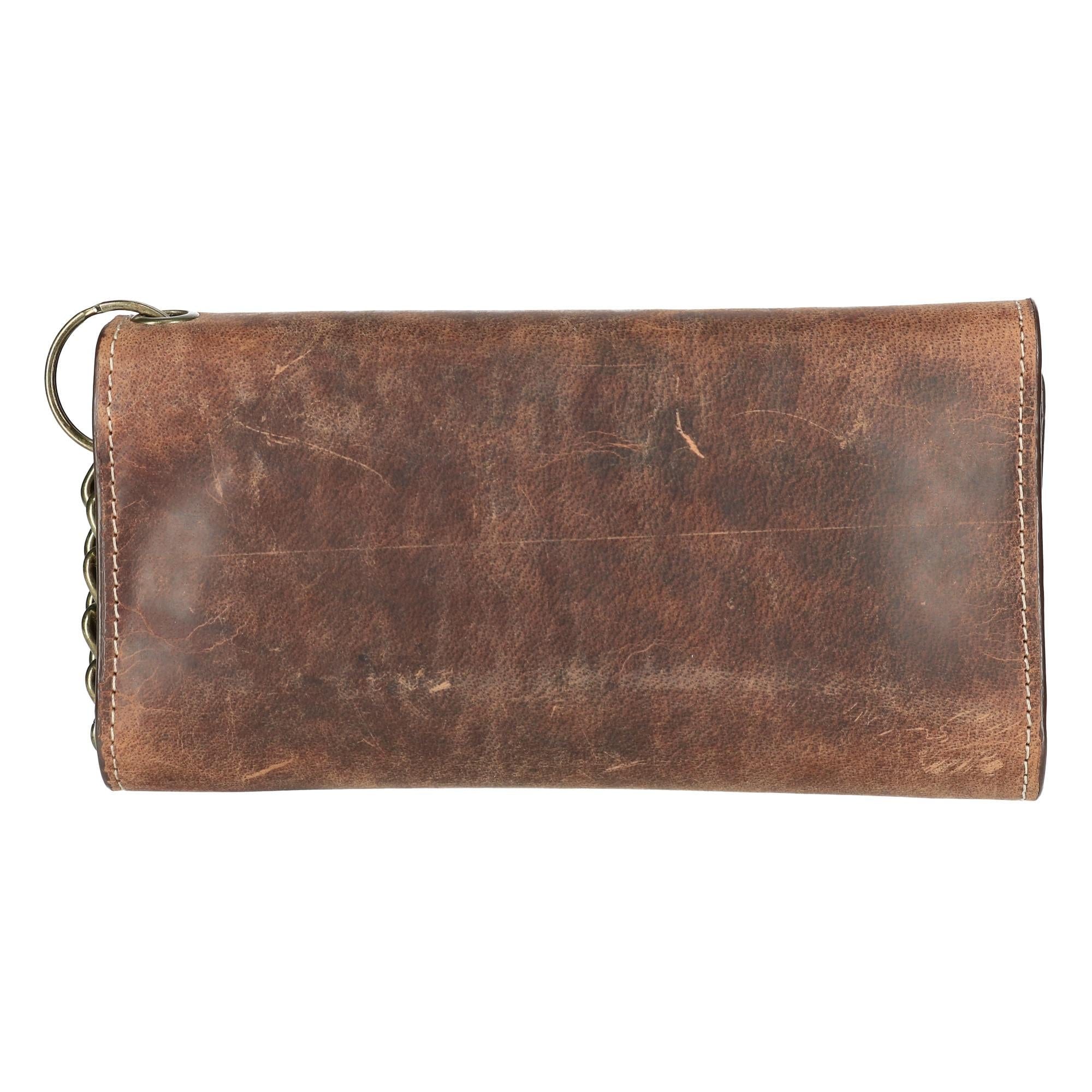 CTM® Men's Crazy Horse Leather RFID Long Trifold Chain Wallet - Brown