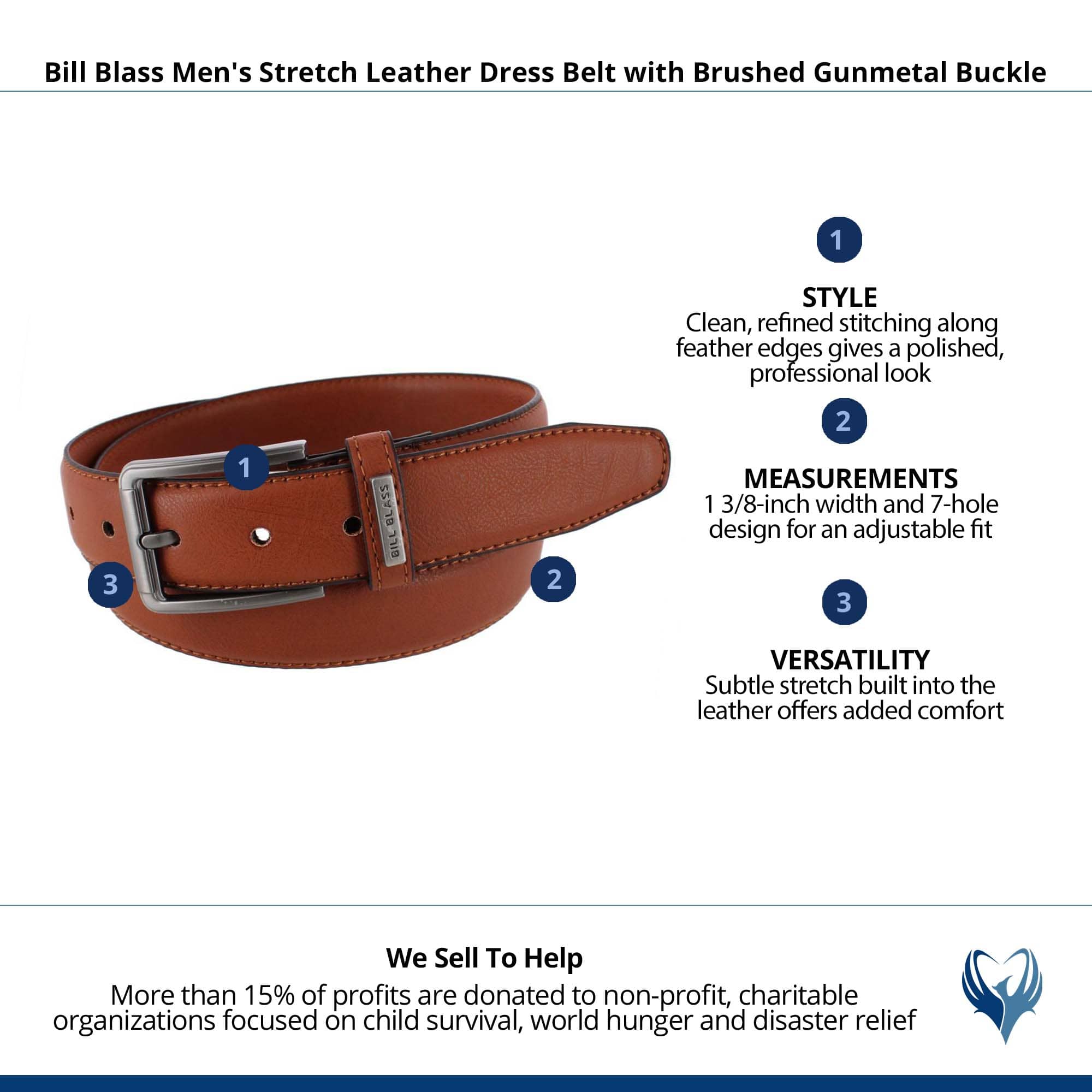 Bill Blass Men's Stretch Leather Dress Belt with Brushed Gunmetal Buckle - Tan