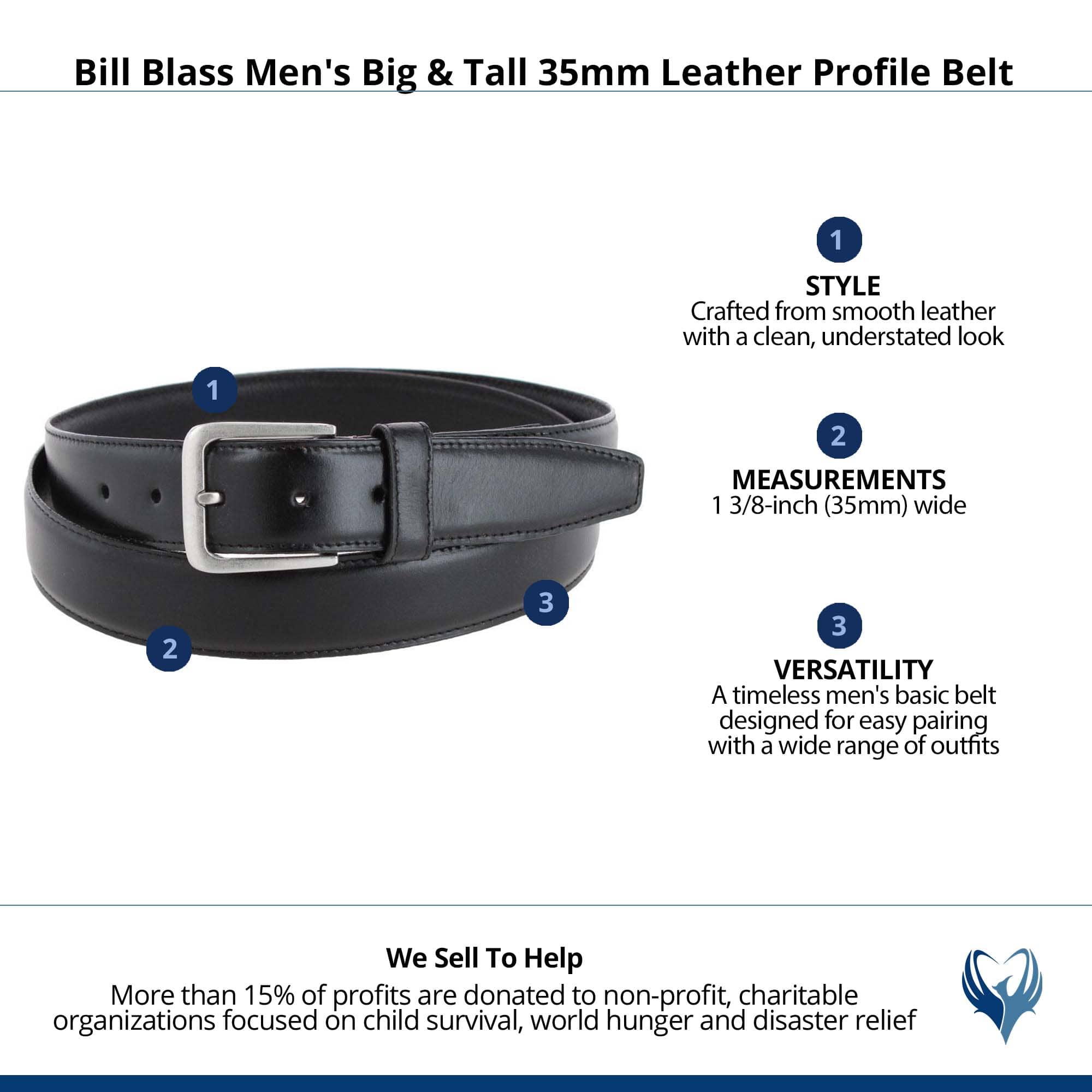 Bill Blass Men's Big & Tall 35mm Leather Profile Belt - Black