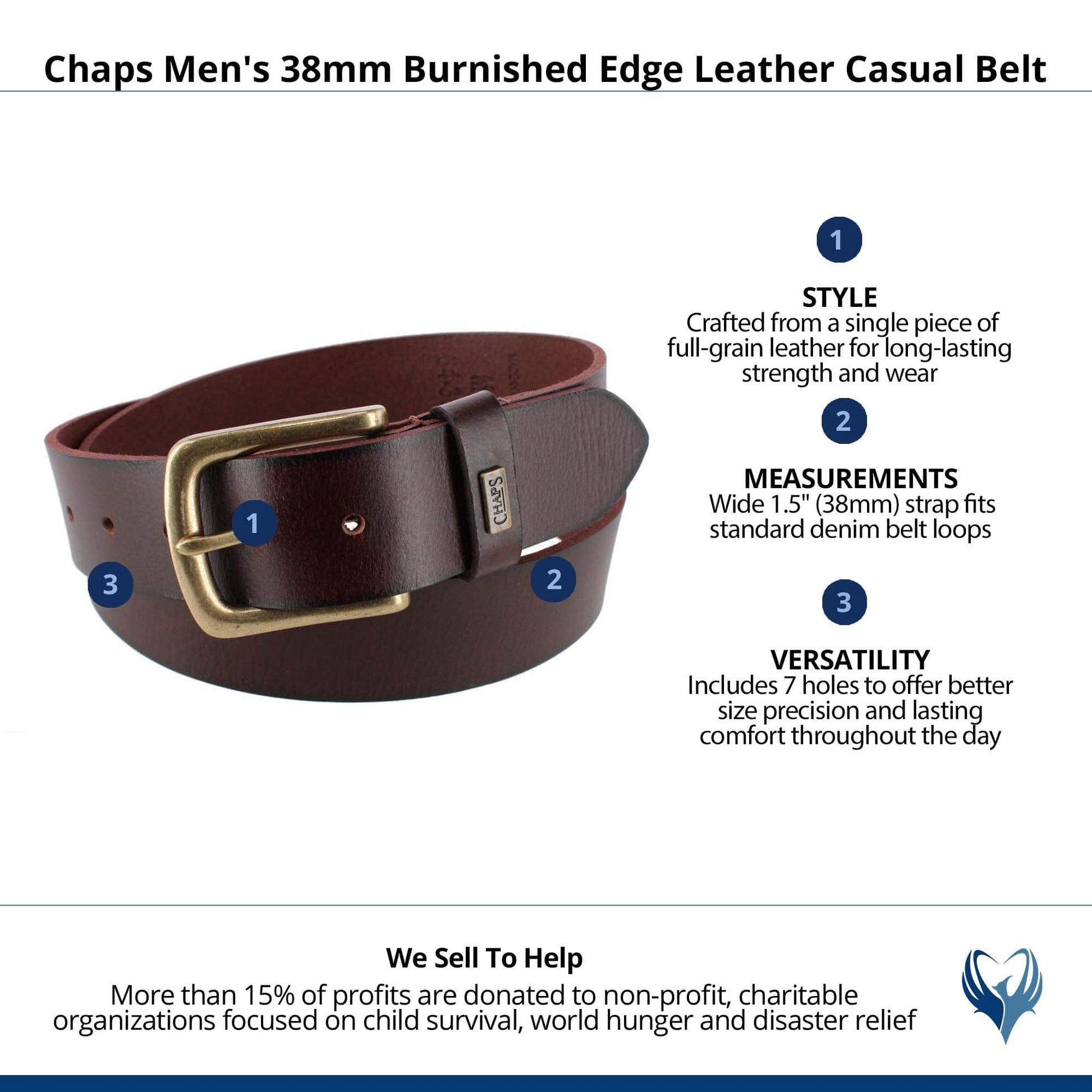 Chaps Men's 38mm Burnished Edge Leather Casual Belt - Brown