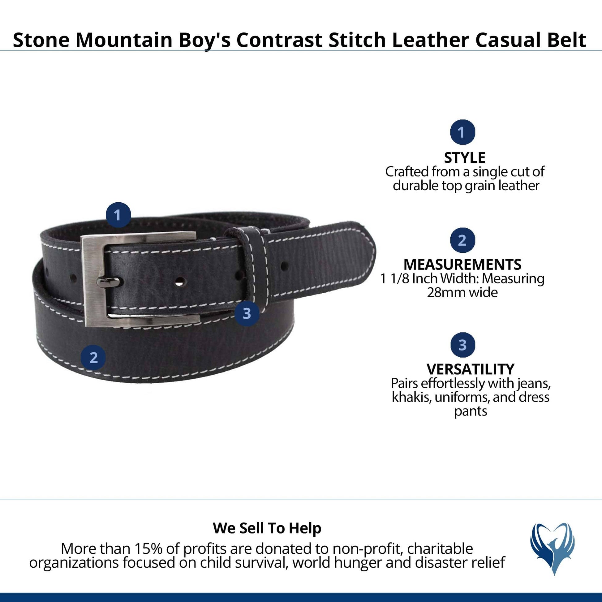 Stone Mountain Boy's Contrast Stitch Leather Casual Belt - Black