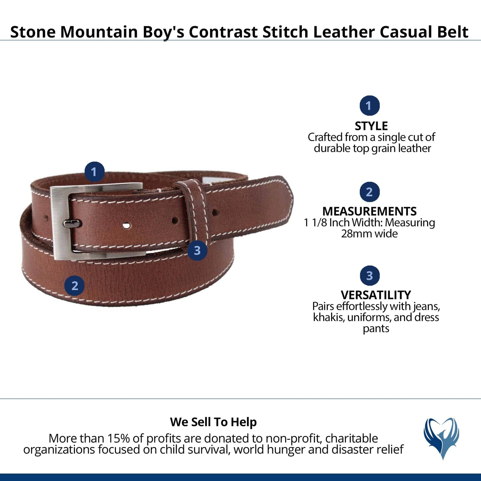 Stone Mountain Boy's Contrast Stitch Leather Casual Belt - Brown
