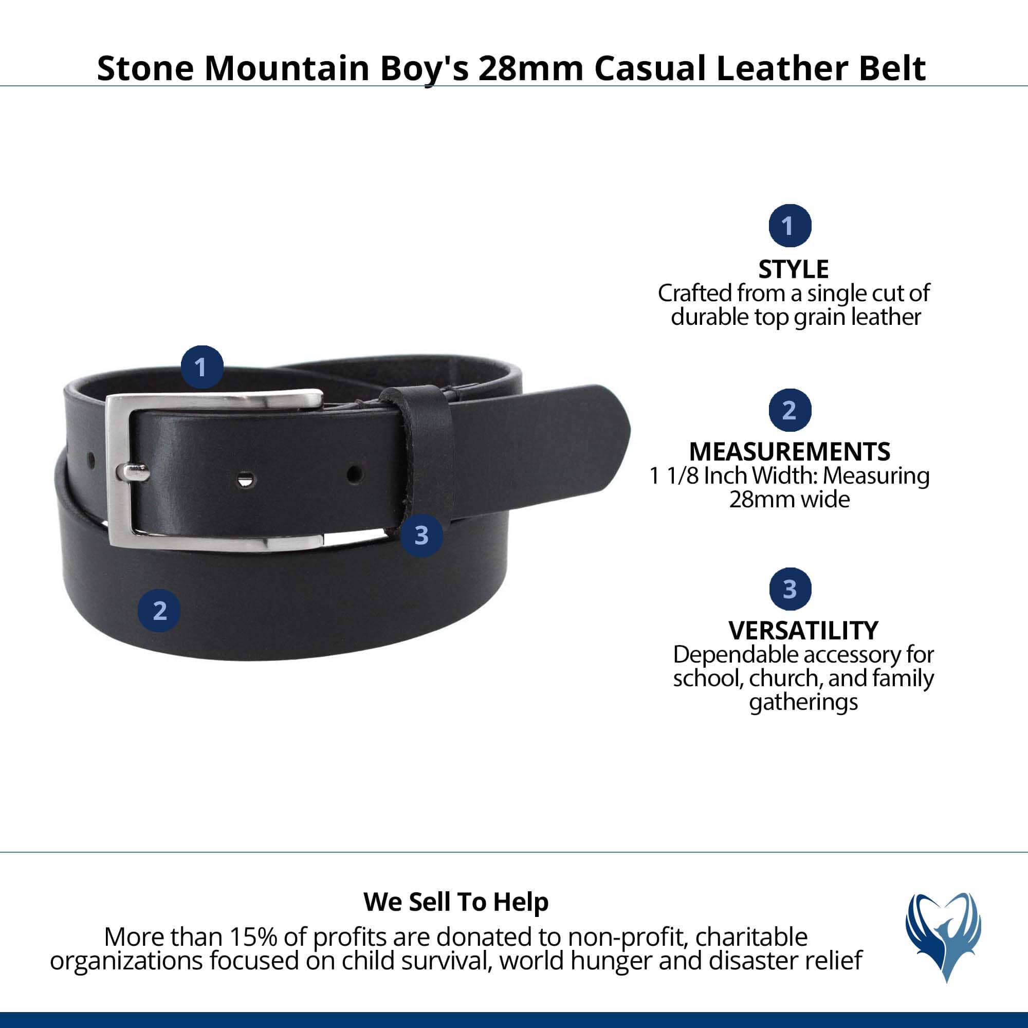 Stone Mountain Boy's 28mm Casual Leather Belt - Black
