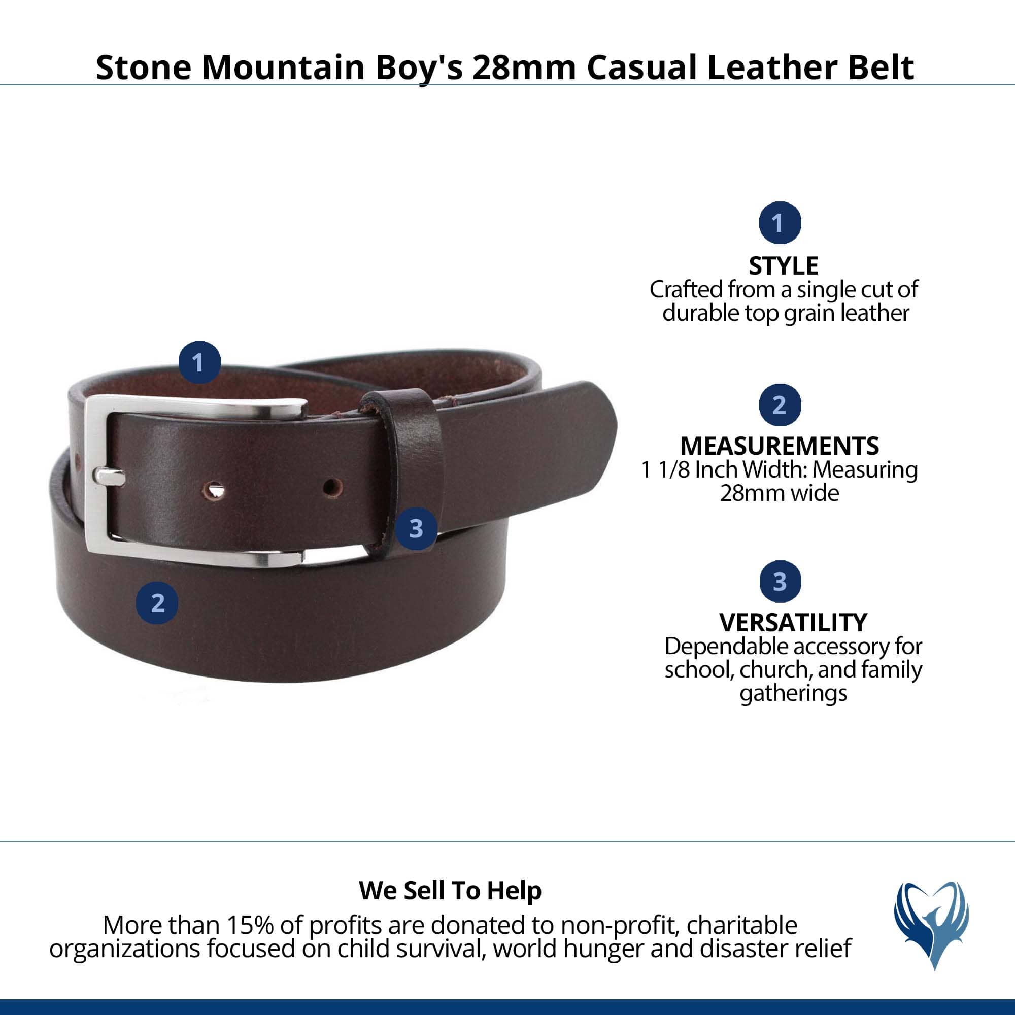 Stone Mountain Boy's 28mm Casual Leather Belt - Brown
