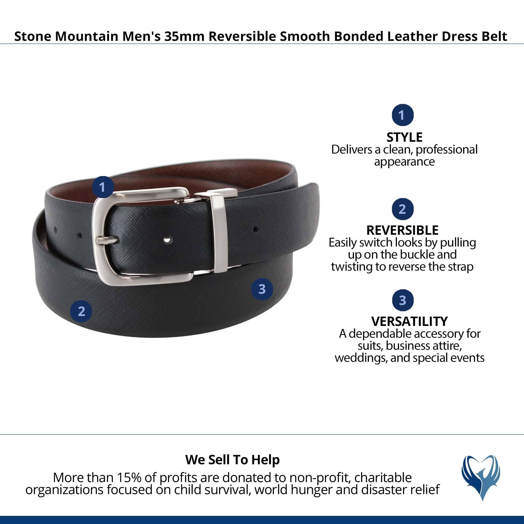 Stone Mountain Men's 35mm Reversible Smooth Bonded Leather Dress Belt - Black/Brown