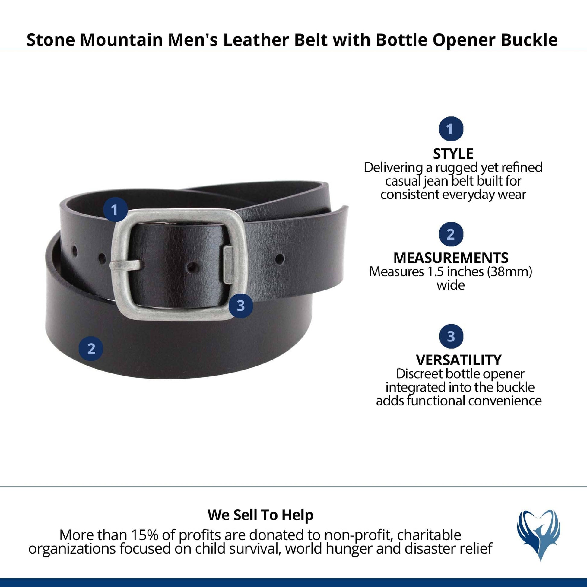 Stone Mountain Men's Leather Belt with Bottle Opener Buckle - Black