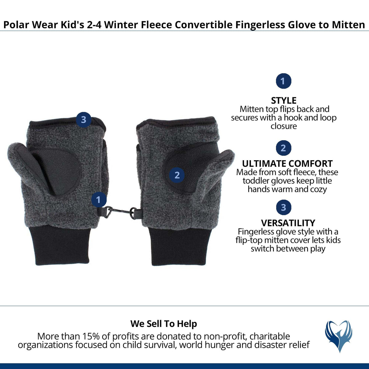 Polar Wear Kid's 2-4 Winter Fleece Convertible Fingerless Glove to Mitten - Dark Grey