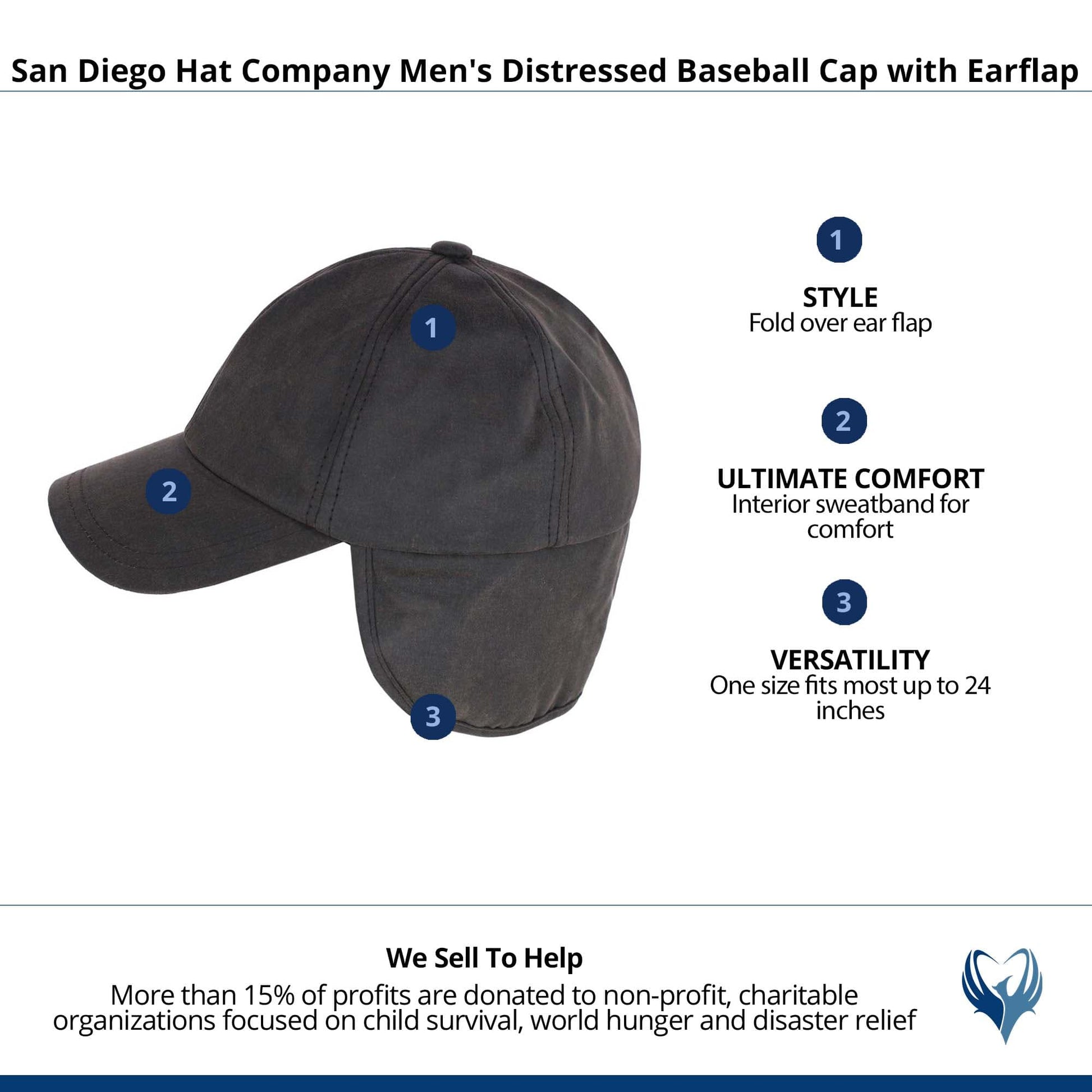 San Diego Hat Company Men's Distressed Baseball Cap with Earflap - Brown