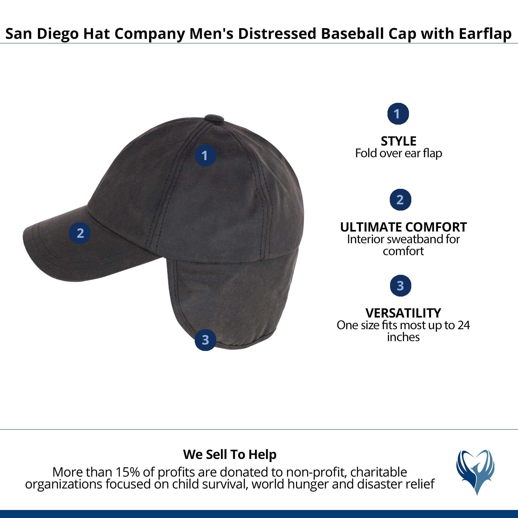 San Diego Hat Company Men's Distressed Baseball Cap with Earflap - Brown
