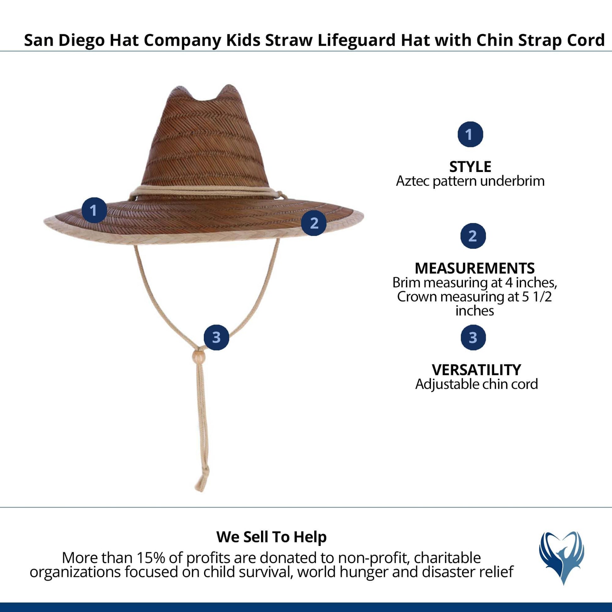 San Diego Hat Company Kids Straw Lifeguard Hat with Chin Strap Cord - Brown