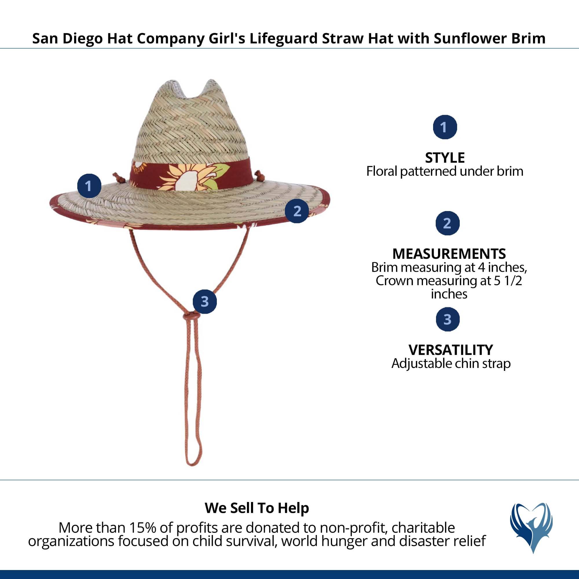 San Diego Hat Company Girl's Lifeguard Straw Hat with Sunflower Brim - Natural