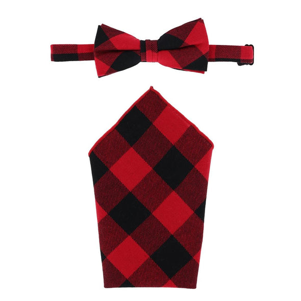 Men's Cotton Buffalo Plaid Bow Tie and Handkerchief Set