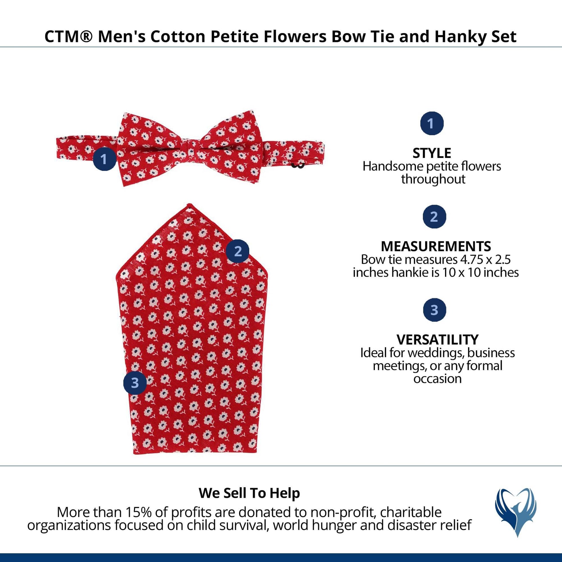 CTM® Men's Cotton Petite Flowers Bow Tie and Hanky Set - Red