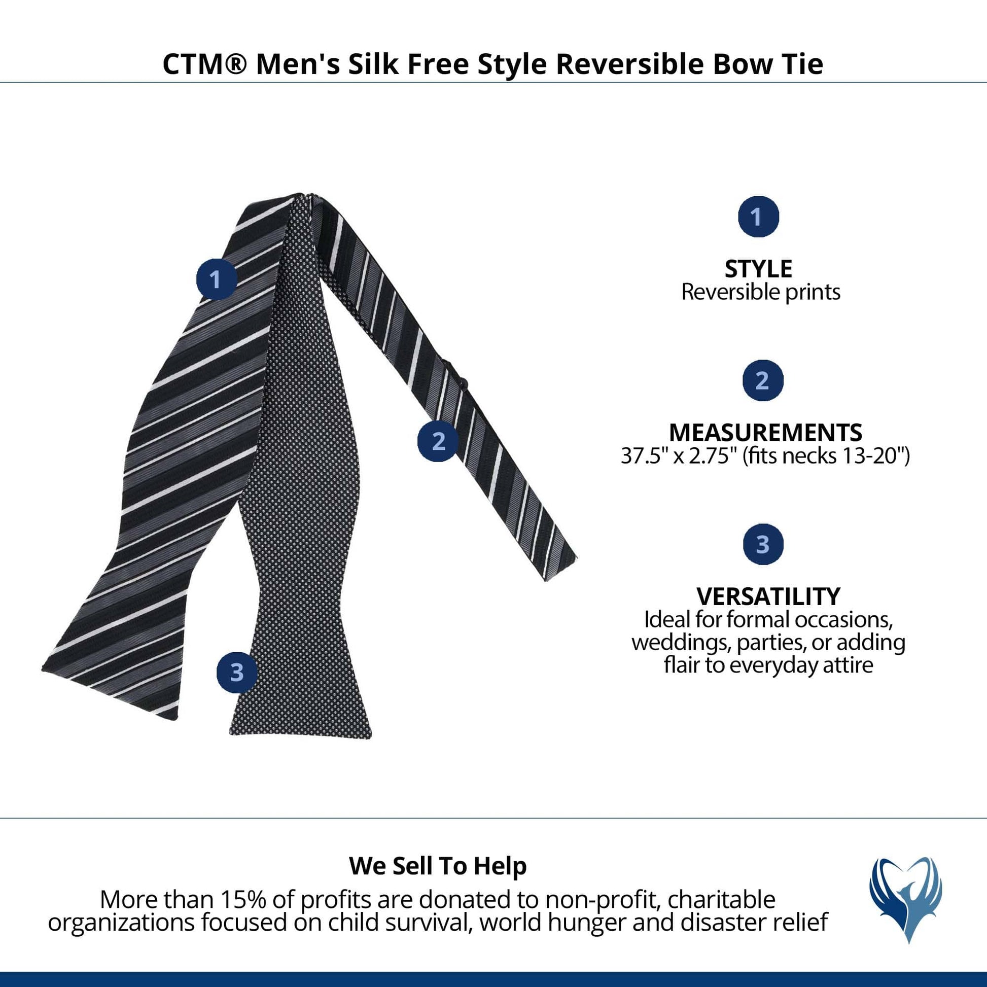 CTM® Men's Silk Free Style Reversible Bow Tie - Black