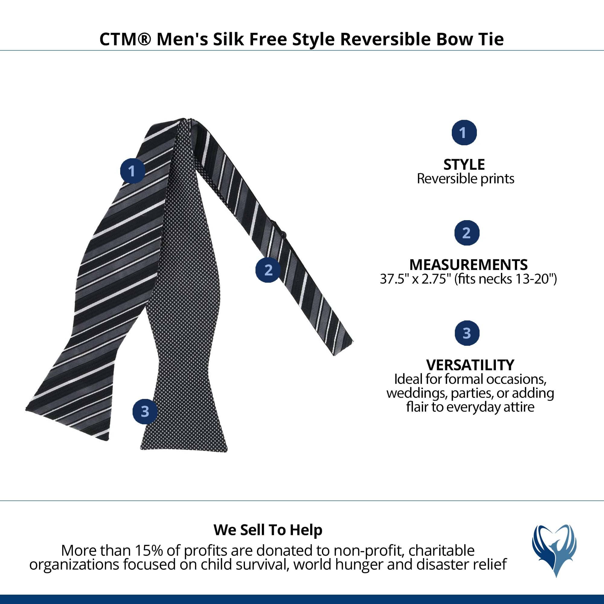 CTM® Men's Silk Free Style Reversible Bow Tie - Black