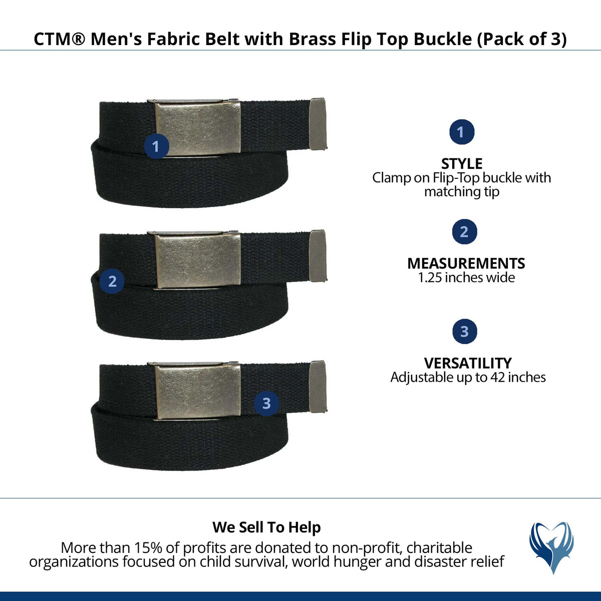 CTM® Men's Fabric Belt with Brass Flip Top Buckle (Pack of 3) - Black