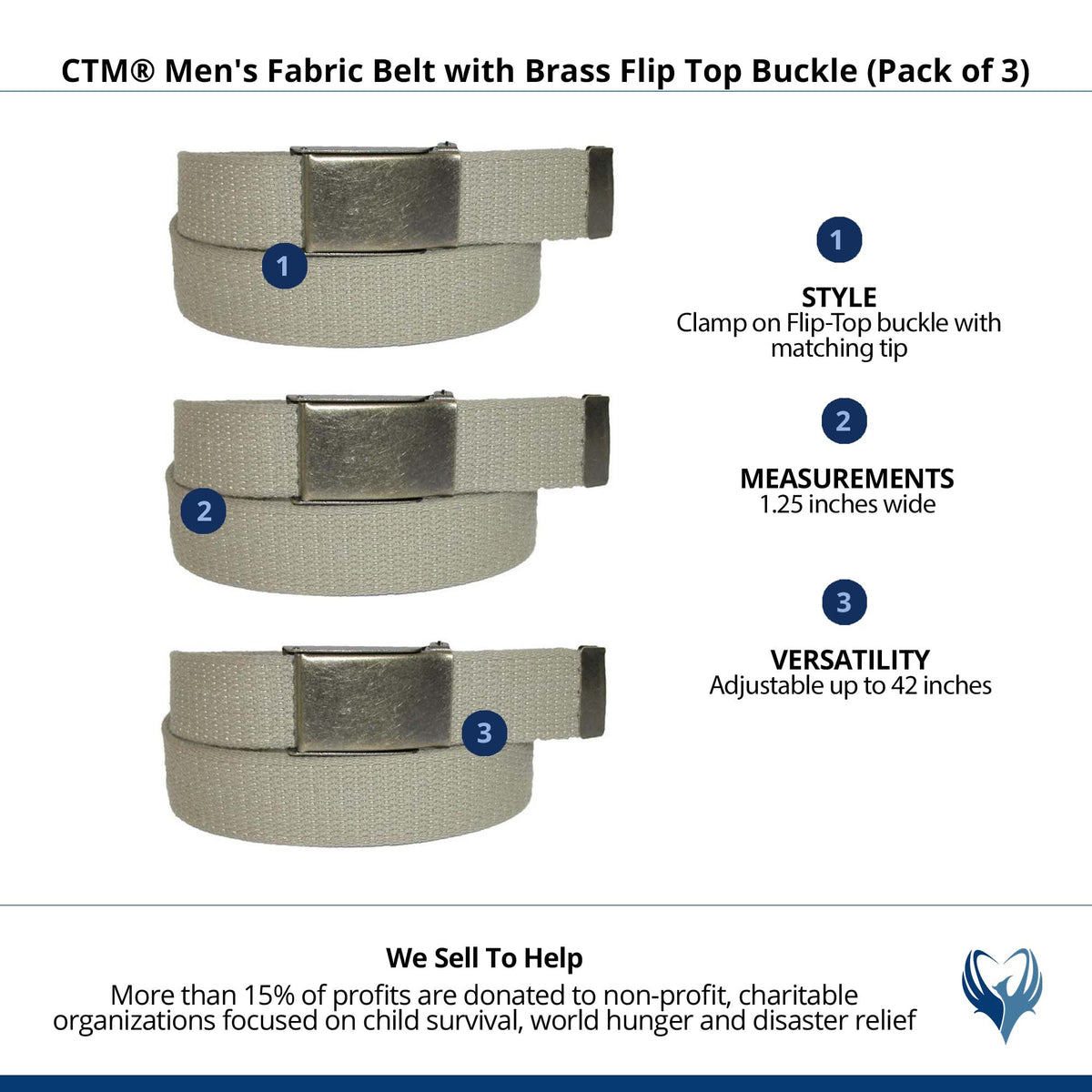 CTM® Men's Fabric Belt with Brass Flip Top Buckle (Pack of 3) - Khaki