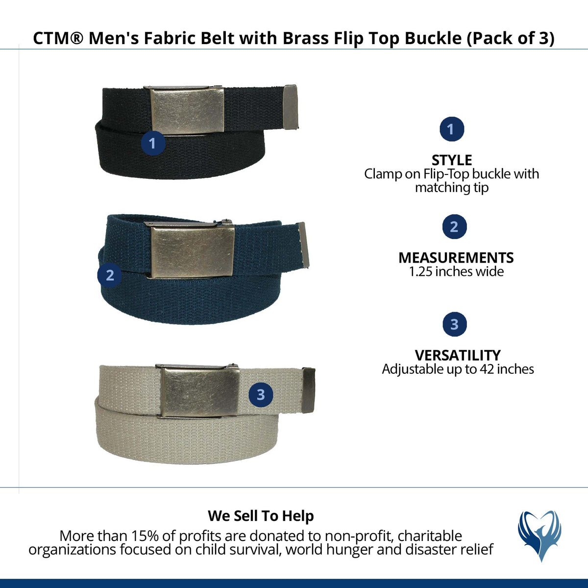 CTM® Men's Fabric Belt with Brass Flip Top Buckle (Pack of 3) - Black Khaki and Navy