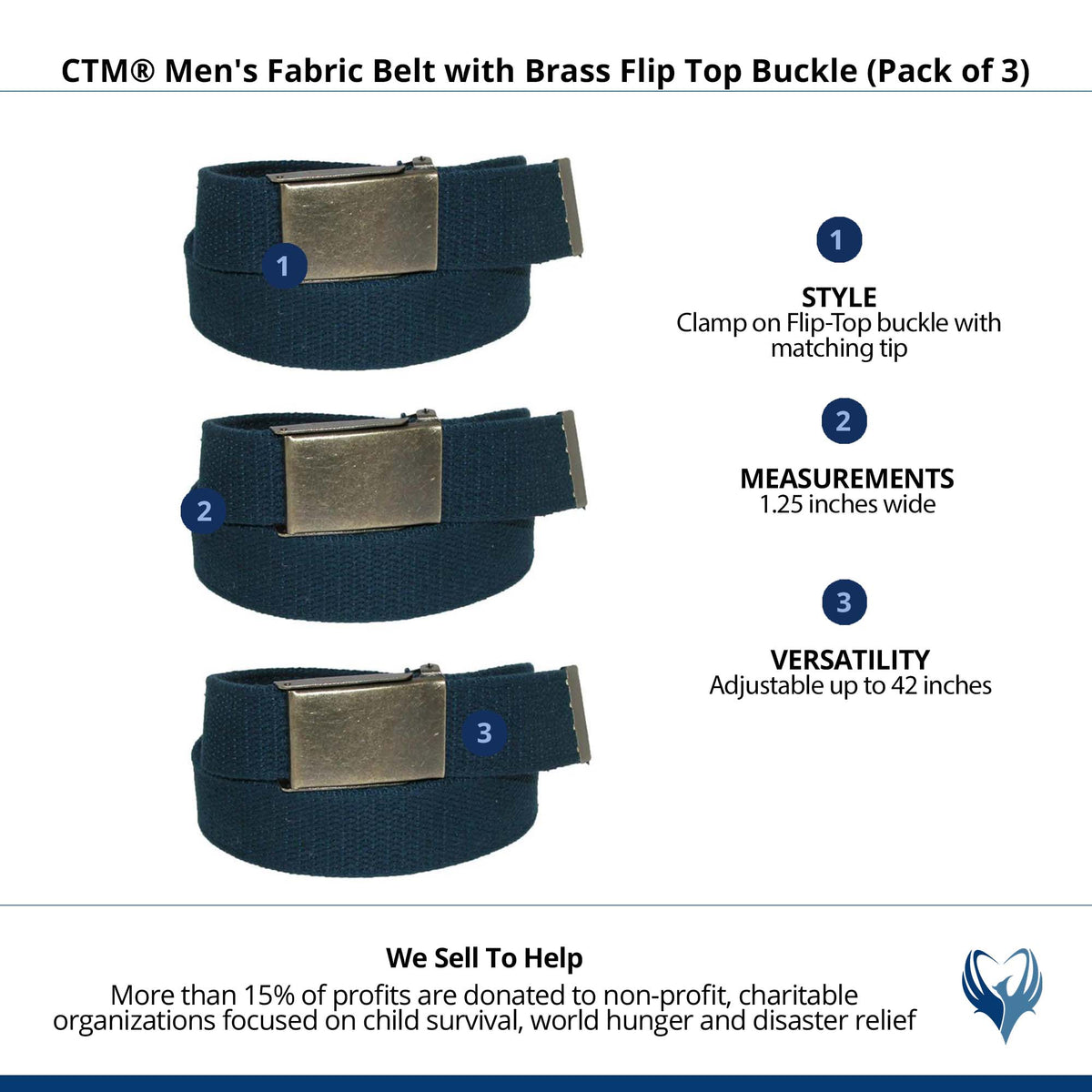 CTM® Men's Fabric Belt with Brass Flip Top Buckle (Pack of 3) - Navy