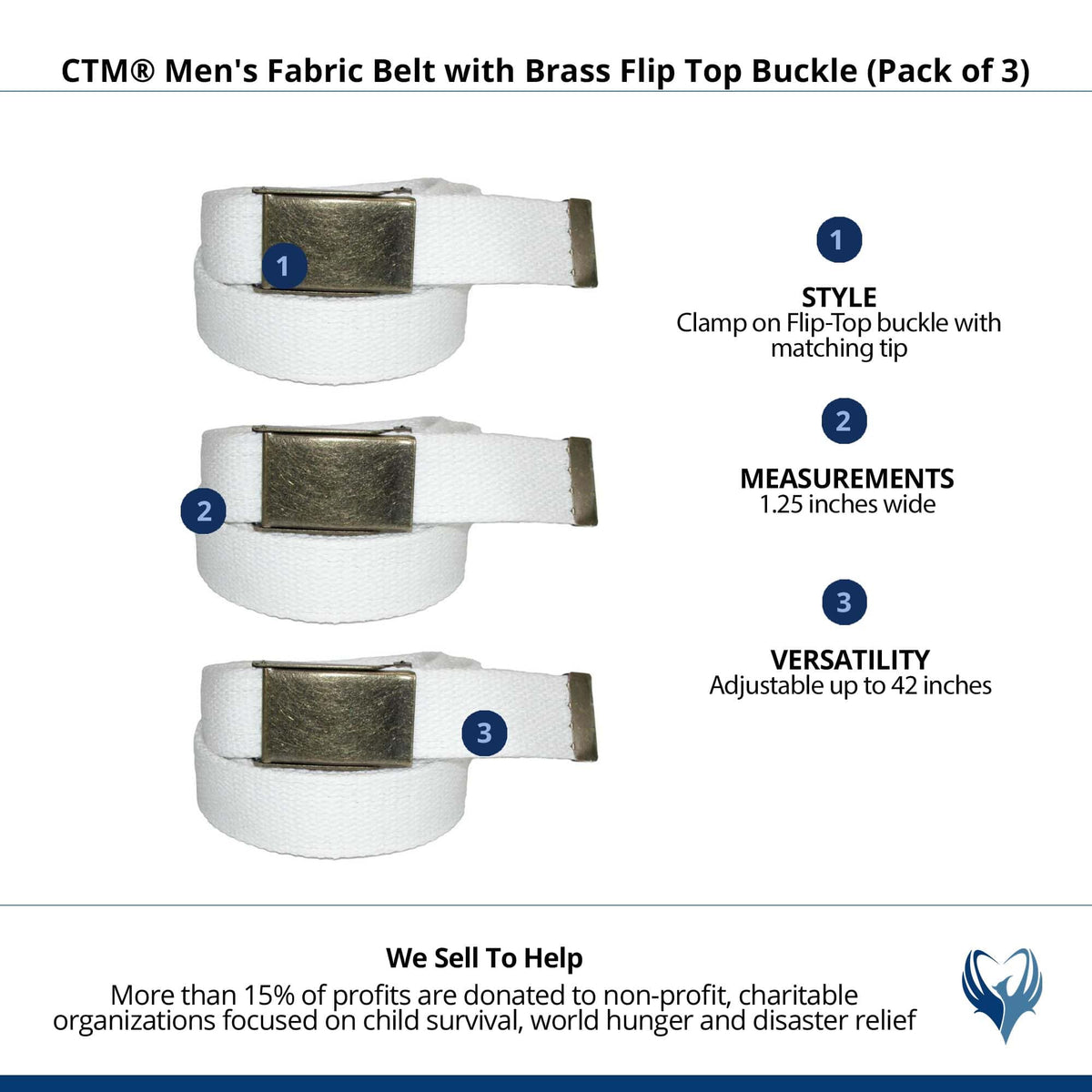 CTM® Men's Fabric Belt with Brass Flip Top Buckle (Pack of 3) - White