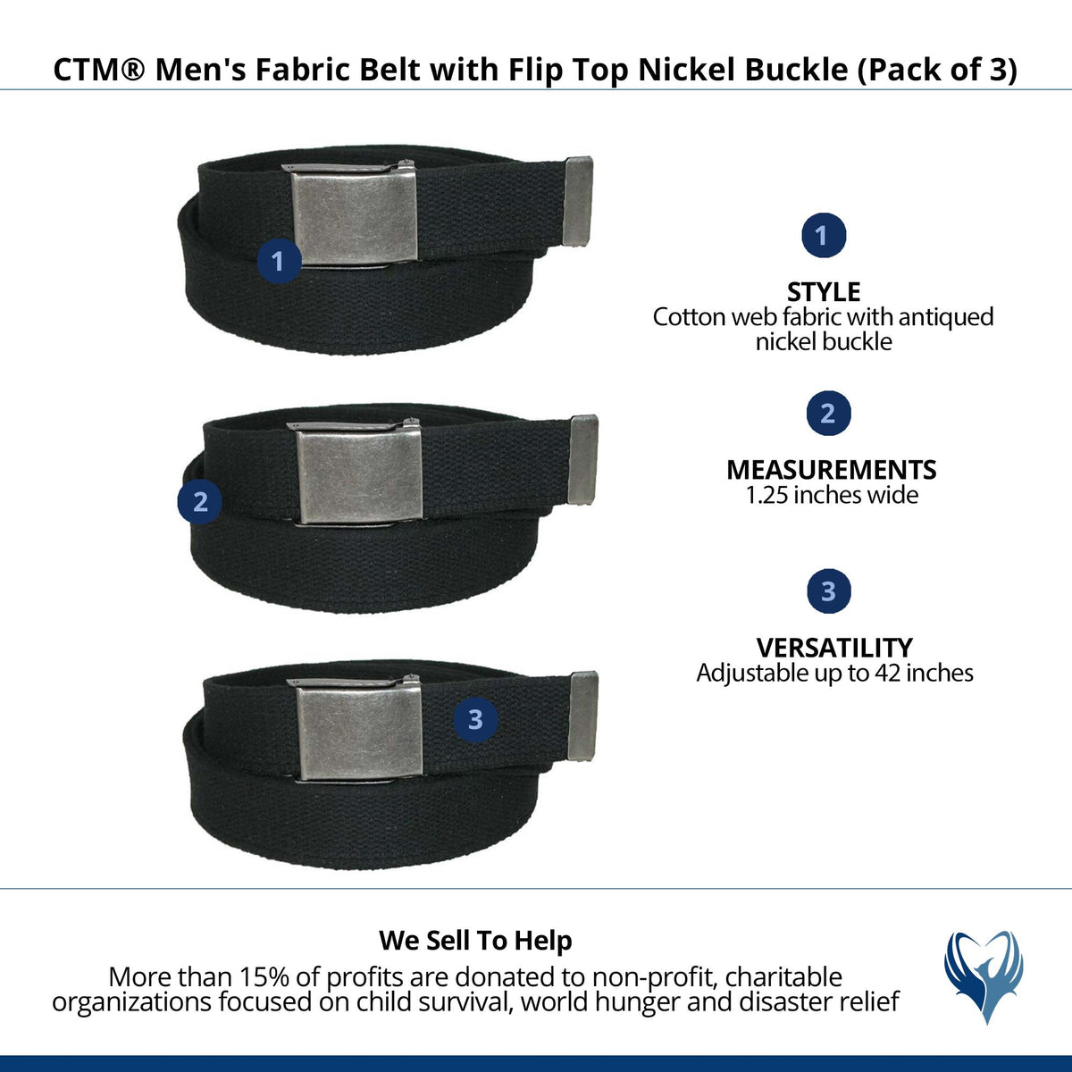 CTM® Men's Fabric Belt with Flip Top Nickel Buckle (Pack of 3) - Black