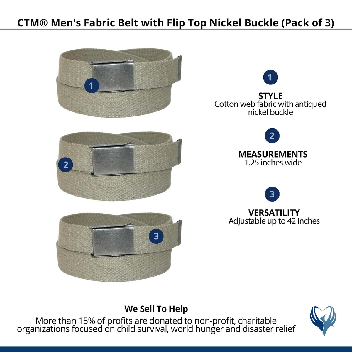 CTM® Men's Fabric Belt with Flip Top Nickel Buckle (Pack of 3) - Khaki