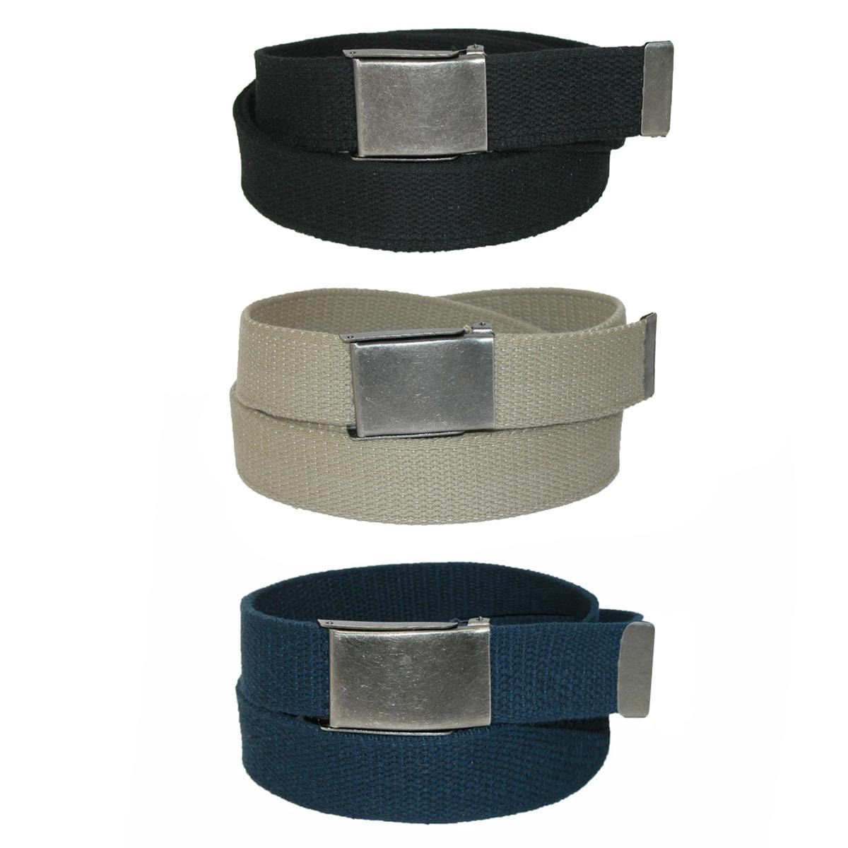 CTM® Men's Fabric Belt with Flip Top Nickel Buckle (Pack of 3) - Black Khaki and Navy